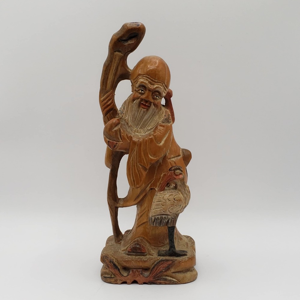 Chinese God of Longevity Statue Shou Lao Shou Hand Carved Wood Statue